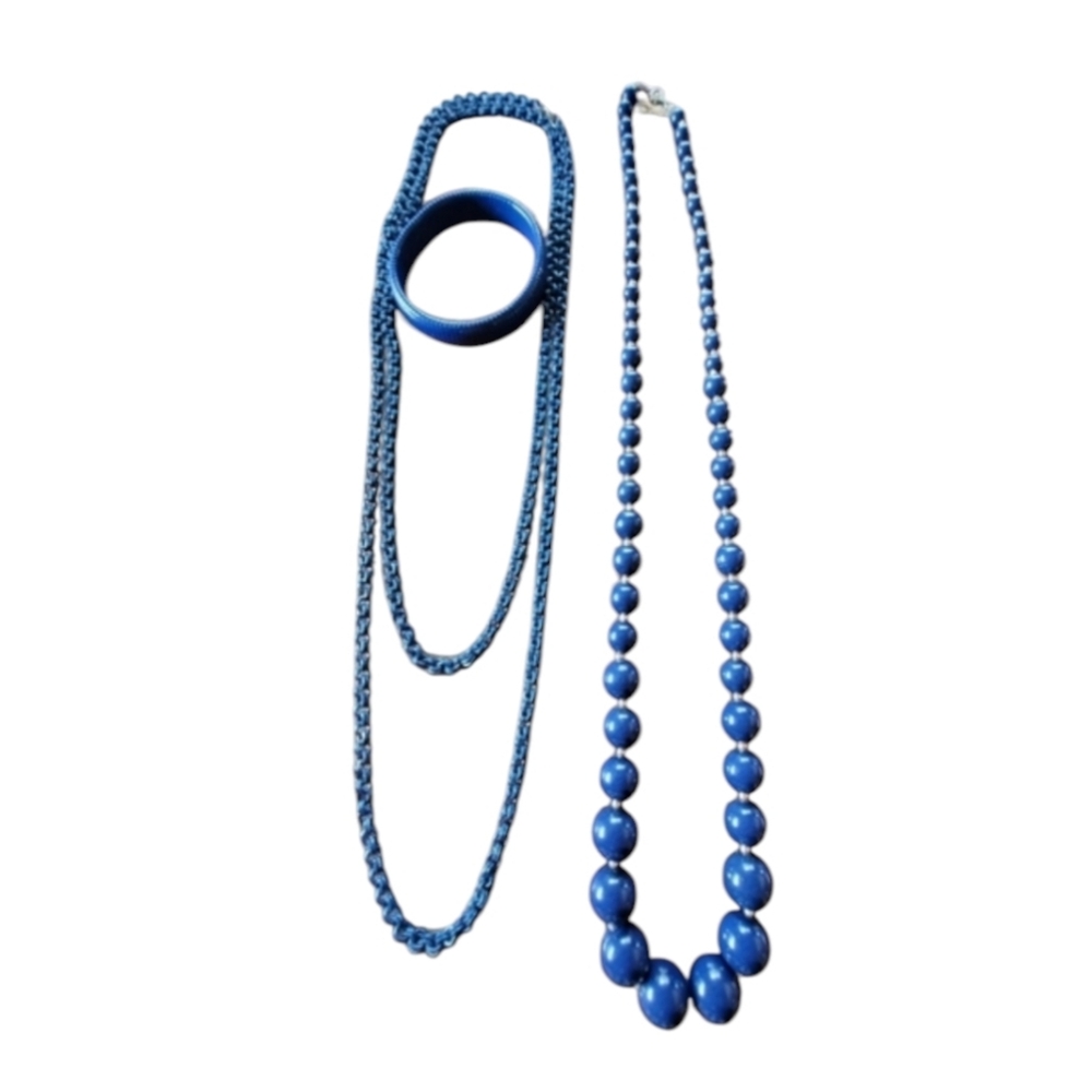 Vintage 80s Blue Metal Plastic Costume Jewelry Necklace and Bracelet Bundle Set